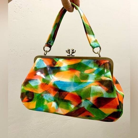 Handmade Genuine Leather Abstract Print “Birds” Kisslock Wristlet/Crossbody - Picture 1 of 17